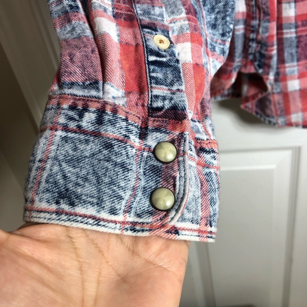 Lucky Brand Washed & Worn Cotton Red White Blue Pearl Snap Plaid Shirt  L - Picture 9 of 15